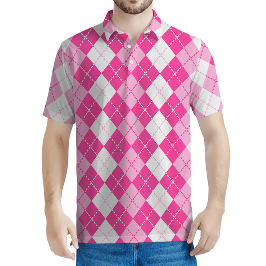 Pink And White Argyle Pattern Print Men's Polo Shirt