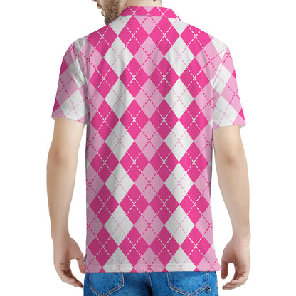Pink And White Argyle Pattern Print Men's Polo Shirt
