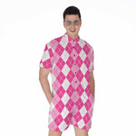 Pink And White Argyle Pattern Print Men's Rompers