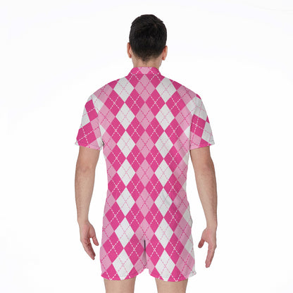 Pink And White Argyle Pattern Print Men's Rompers