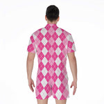 Pink And White Argyle Pattern Print Men's Rompers