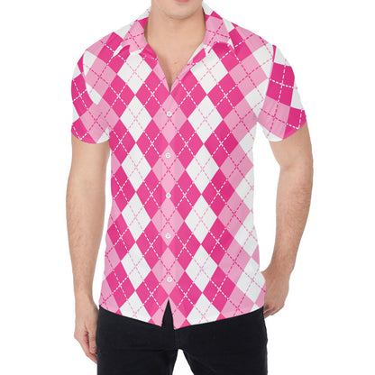 Pink And White Argyle Pattern Print Men's Shirt