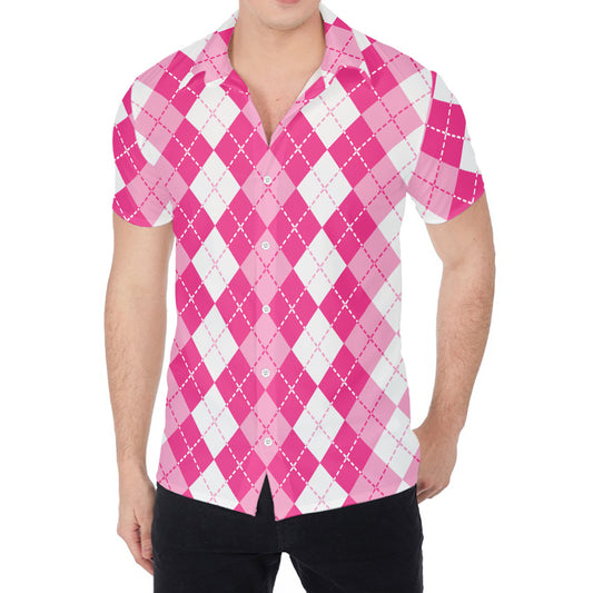 Pink And White Argyle Pattern Print Men's Shirt