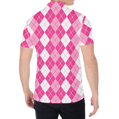 Pink And White Argyle Pattern Print Men's Shirt