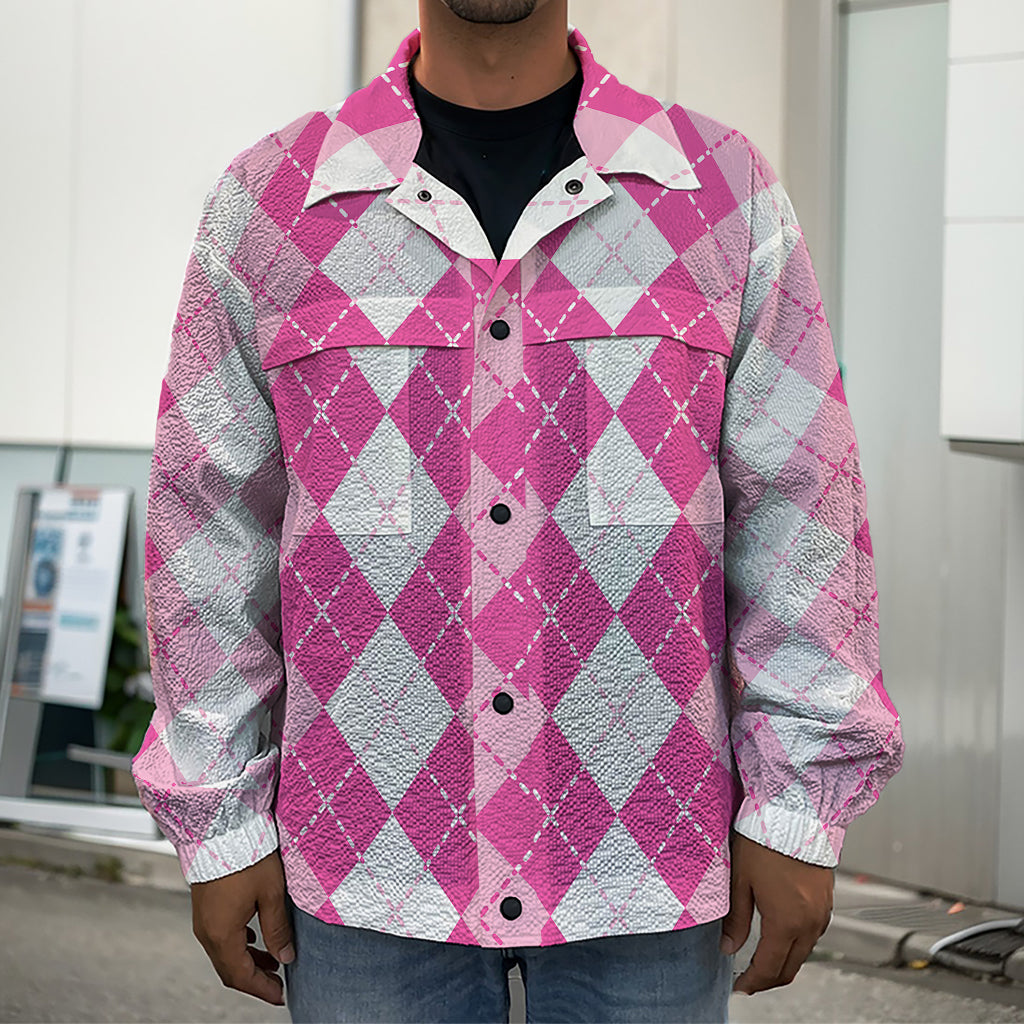 Pink And White Argyle Pattern Print Men's Shirt Jacket