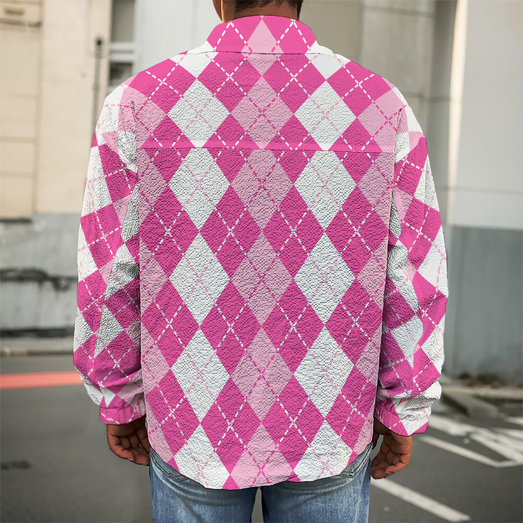Pink And White Argyle Pattern Print Men's Shirt Jacket