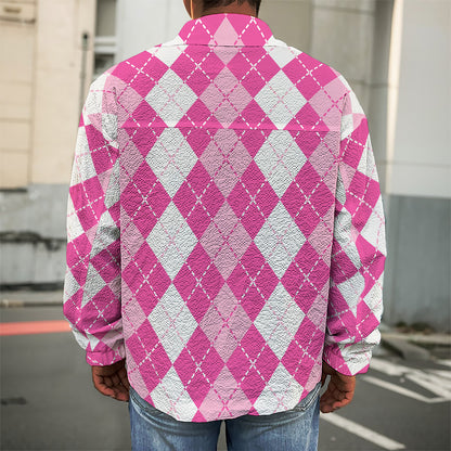 Pink And White Argyle Pattern Print Men's Shirt Jacket
