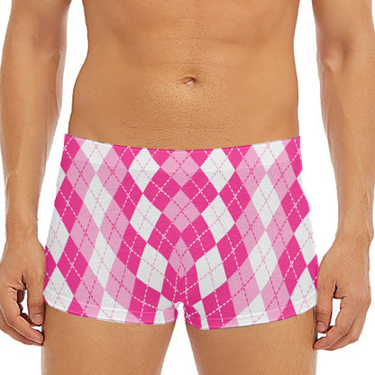 Pink And White Argyle Pattern Print Men's Short Boxer Briefs