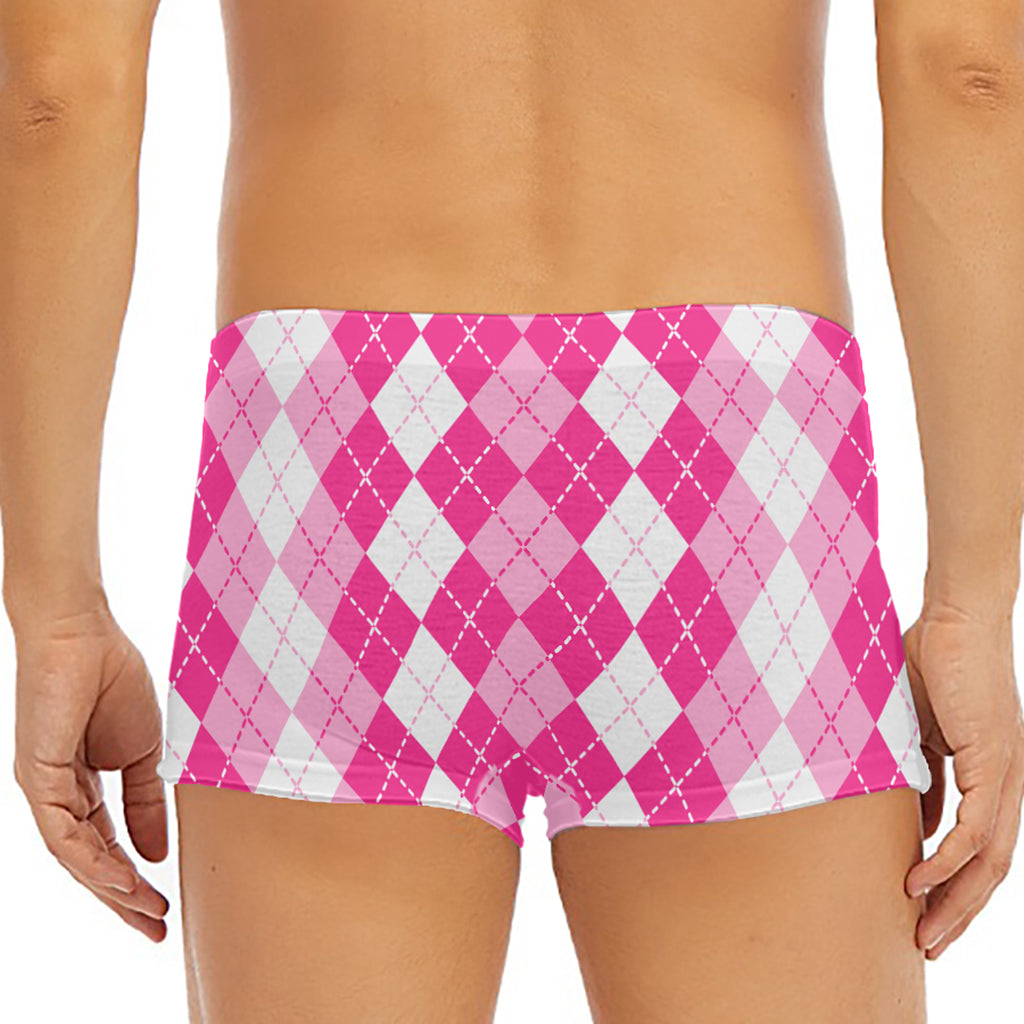 Pink And White Argyle Pattern Print Men's Short Boxer Briefs