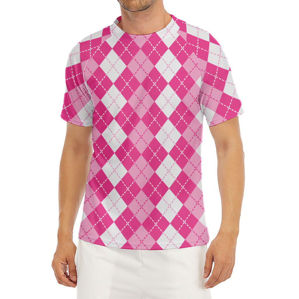 Pink And White Argyle Pattern Print Men's Short Sleeve Rash Guard