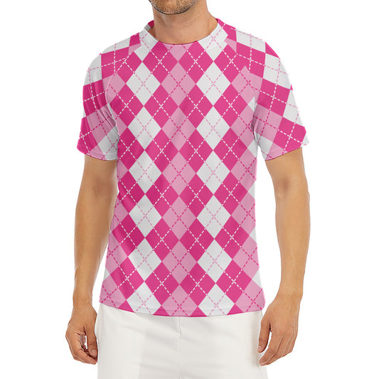 Pink And White Argyle Pattern Print Men's Short Sleeve Rash Guard