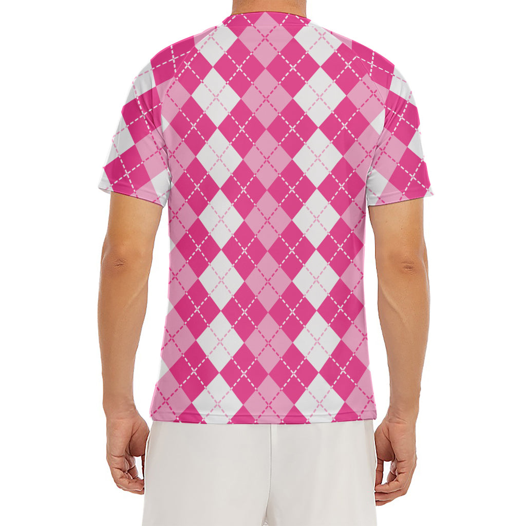 Pink And White Argyle Pattern Print Men's Short Sleeve Rash Guard