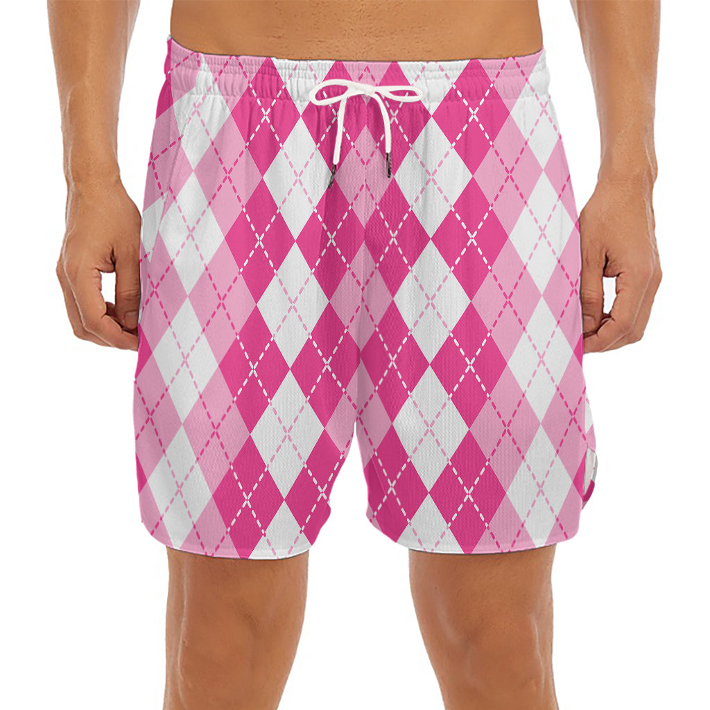 Pink And White Argyle Pattern Print Men's Split Running Shorts