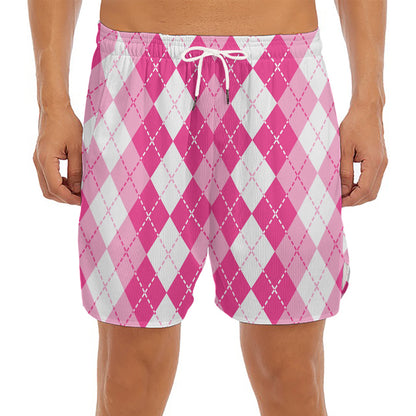 Pink And White Argyle Pattern Print Men's Split Running Shorts