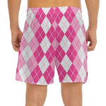 Pink And White Argyle Pattern Print Men's Split Running Shorts