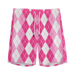 Pink And White Argyle Pattern Print Men's Sports Shorts