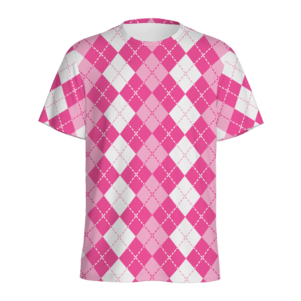 Pink And White Argyle Pattern Print Men's Sports T-Shirt