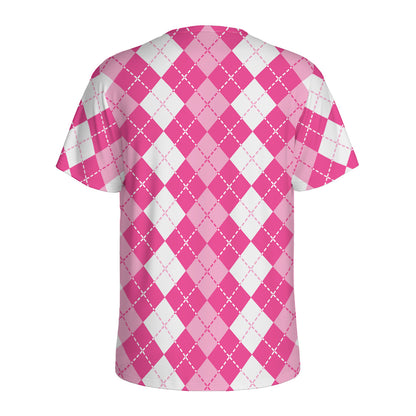 Pink And White Argyle Pattern Print Men's Sports T-Shirt