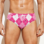 Pink And White Argyle Pattern Print Men's Swim Briefs