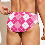 Pink And White Argyle Pattern Print Men's Swim Briefs