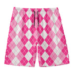 Pink And White Argyle Pattern Print Men's Swim Trunks