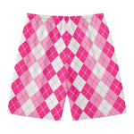 Pink And White Argyle Pattern Print Men's Swim Trunks