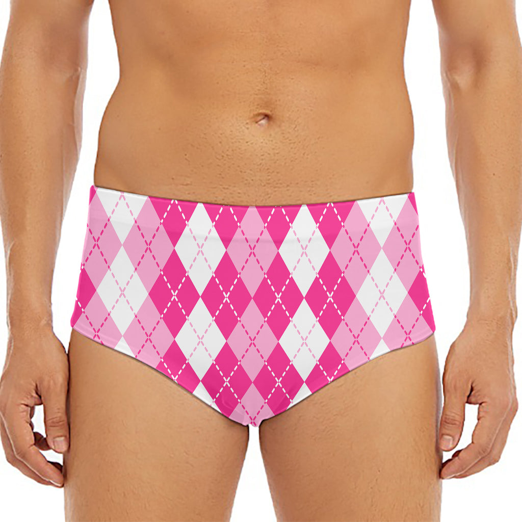 Pink And White Argyle Pattern Print Men's Triangle Swim Briefs