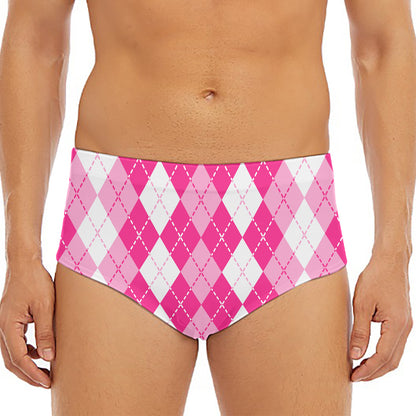 Pink And White Argyle Pattern Print Men's Triangle Swim Briefs
