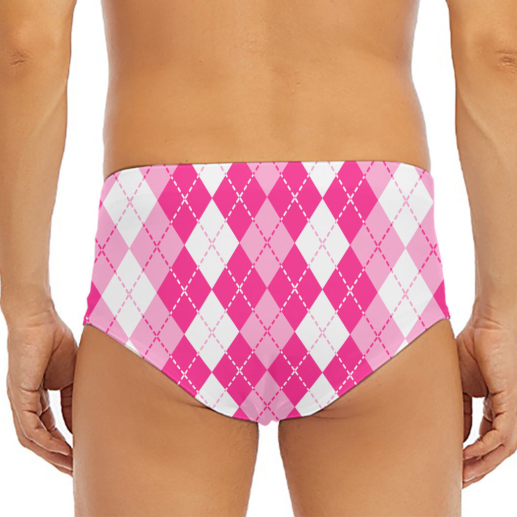 Pink And White Argyle Pattern Print Men's Triangle Swim Briefs