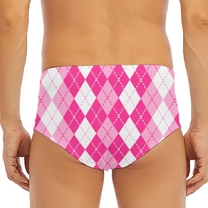 Pink And White Argyle Pattern Print Men's Triangle Swim Briefs