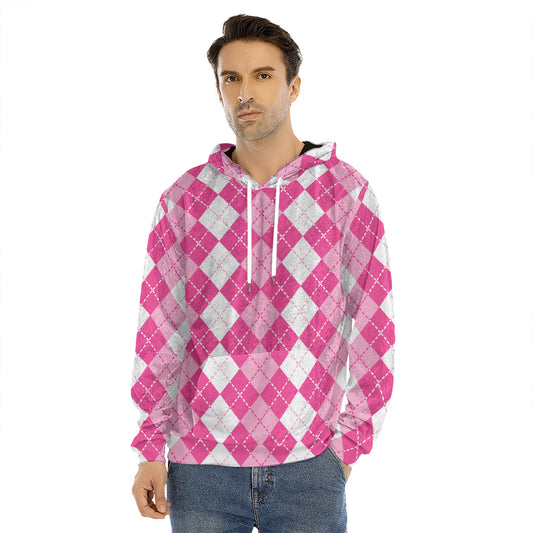 Pink And White Argyle Pattern Print Men's Velvet Pullover Hoodie