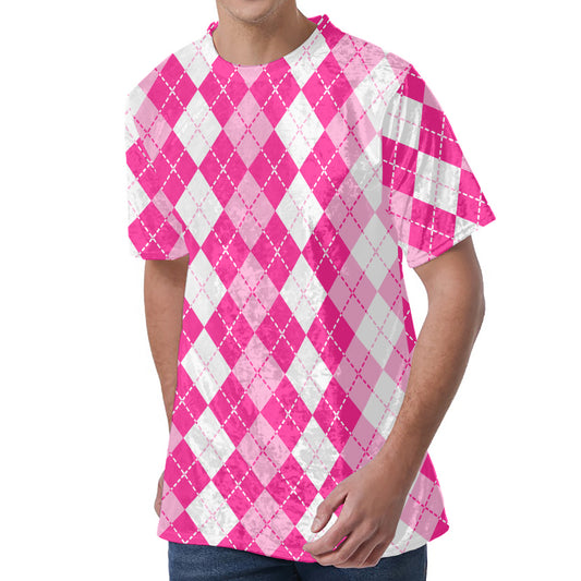Pink And White Argyle Pattern Print Men's Velvet T-Shirt