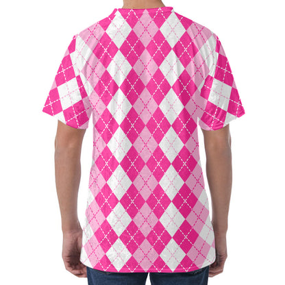 Pink And White Argyle Pattern Print Men's Velvet T-Shirt