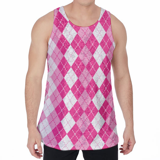 Pink And White Argyle Pattern Print Men's Velvet Tank Top