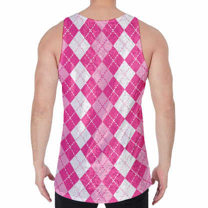 Pink And White Argyle Pattern Print Men's Velvet Tank Top