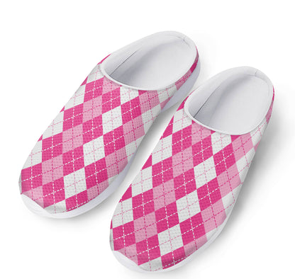 Pink And White Argyle Pattern Print Mesh Casual Shoes