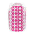 Pink And White Argyle Pattern Print Mesh Laundry Hamper
