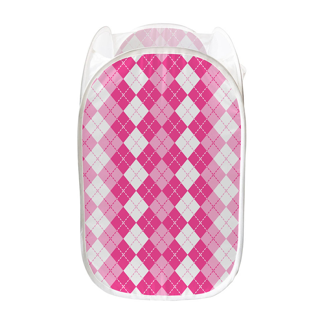 Pink And White Argyle Pattern Print Mesh Laundry Hamper