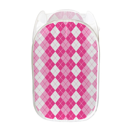 Pink And White Argyle Pattern Print Mesh Laundry Hamper