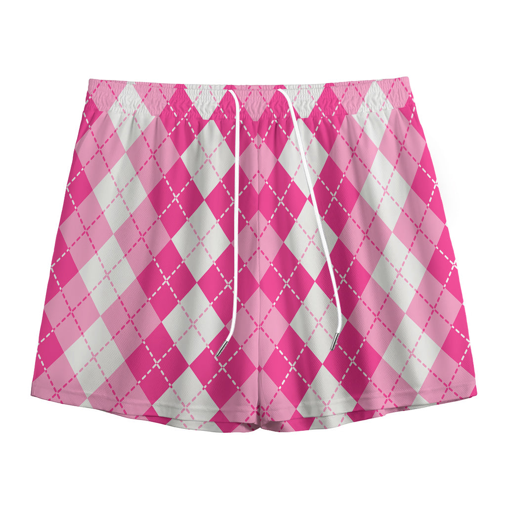 Pink And White Argyle Pattern Print Mesh Shorts