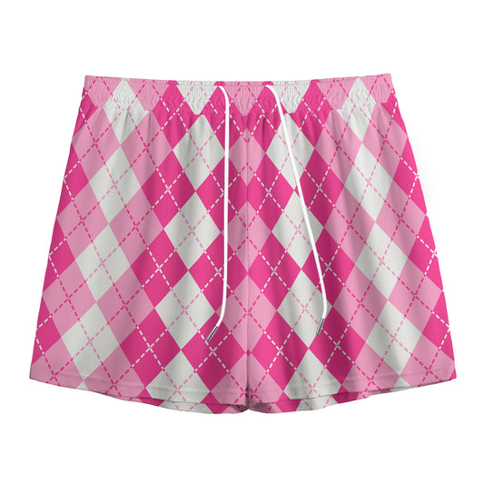 Pink And White Argyle Pattern Print Mesh Shorts