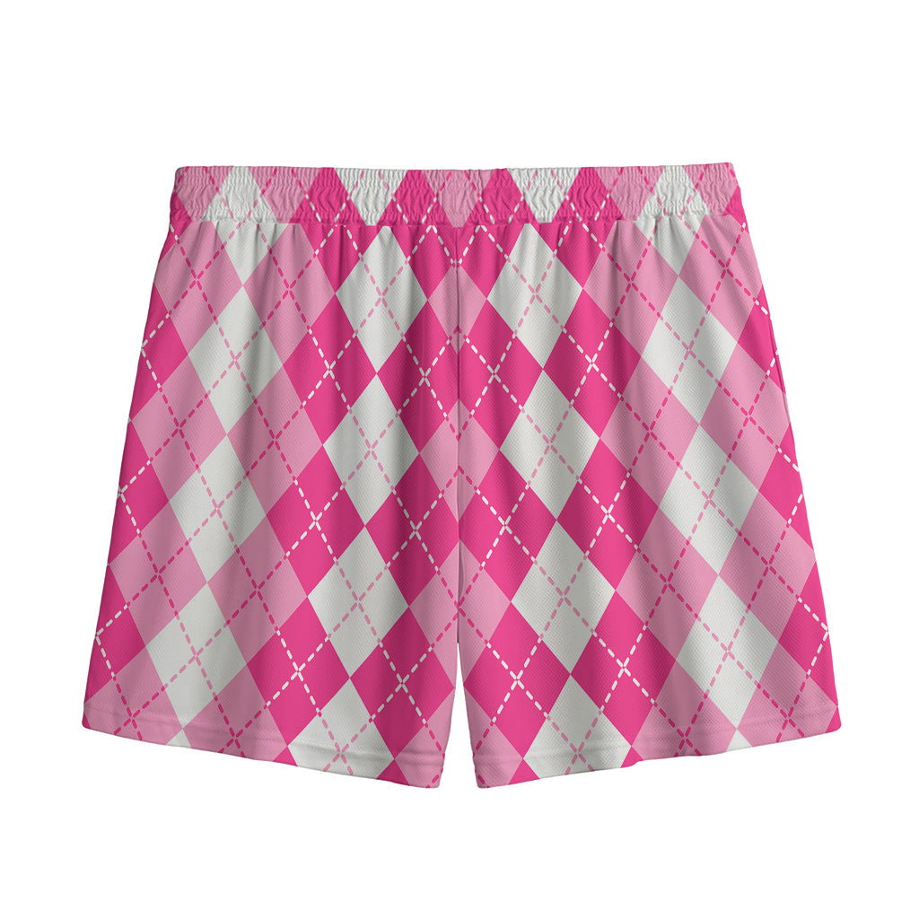Pink And White Argyle Pattern Print Mesh Shorts