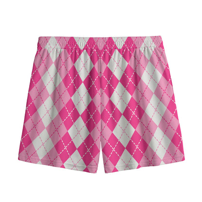 Pink And White Argyle Pattern Print Mesh Shorts
