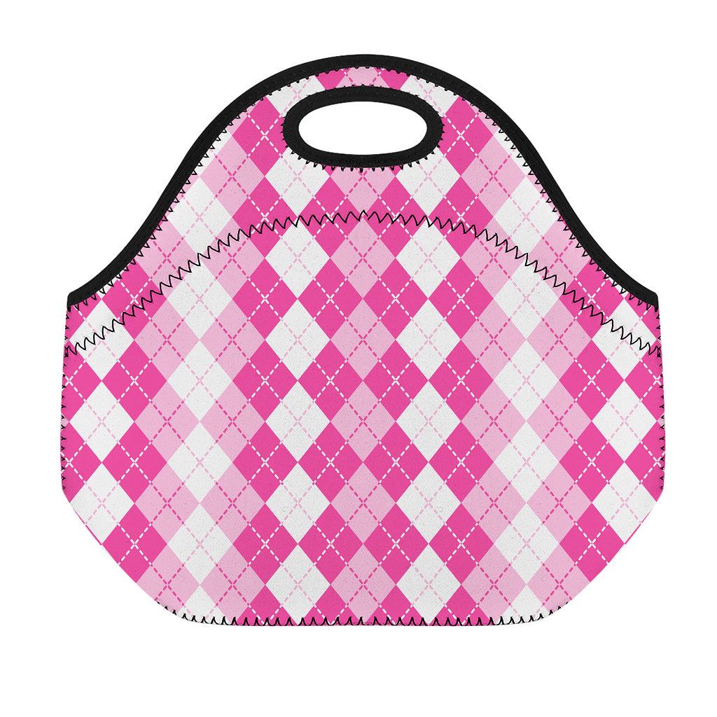 Pink And White Argyle Pattern Print Neoprene Lunch Bag