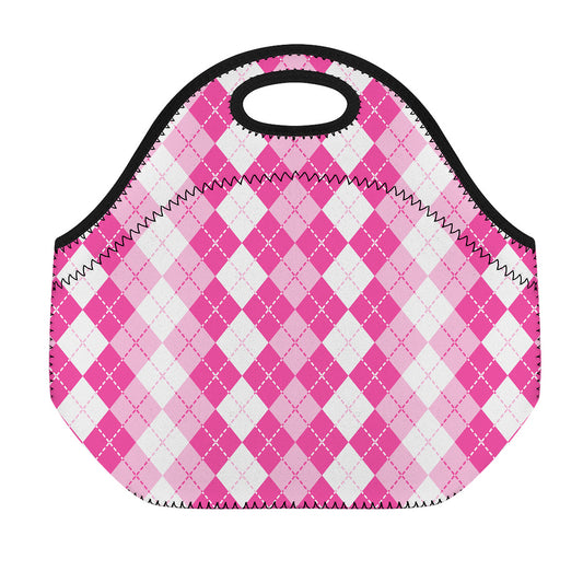 Pink And White Argyle Pattern Print Neoprene Lunch Bag