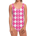 Pink And White Argyle Pattern Print One Piece Swimsuit