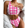 Pink And White Argyle Pattern Print One Shoulder Bikini Top