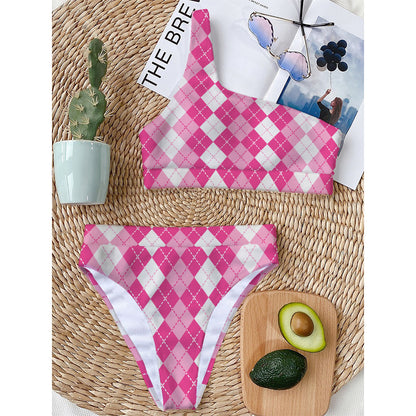 Pink And White Argyle Pattern Print One Shoulder Bikini Top