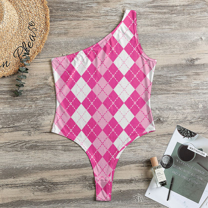 Pink And White Argyle Pattern Print One Shoulder Bodysuit