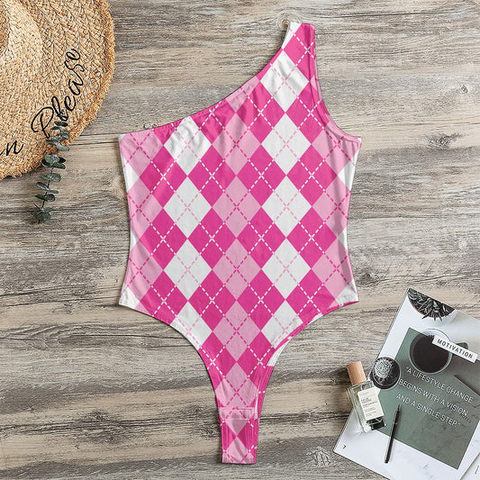 Pink And White Argyle Pattern Print One Shoulder Bodysuit